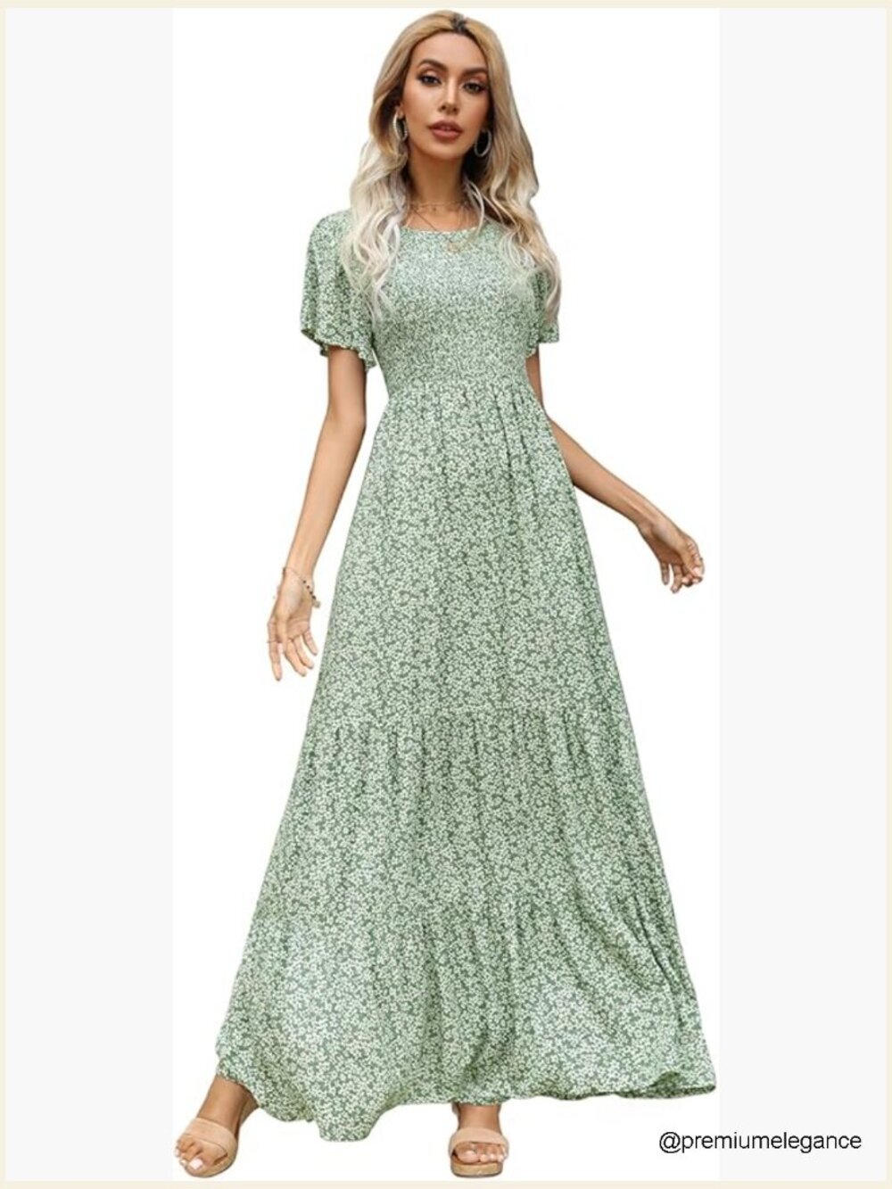 Summer Floral Maxi Dress with Smocked Bodice and Flutter Sleeves